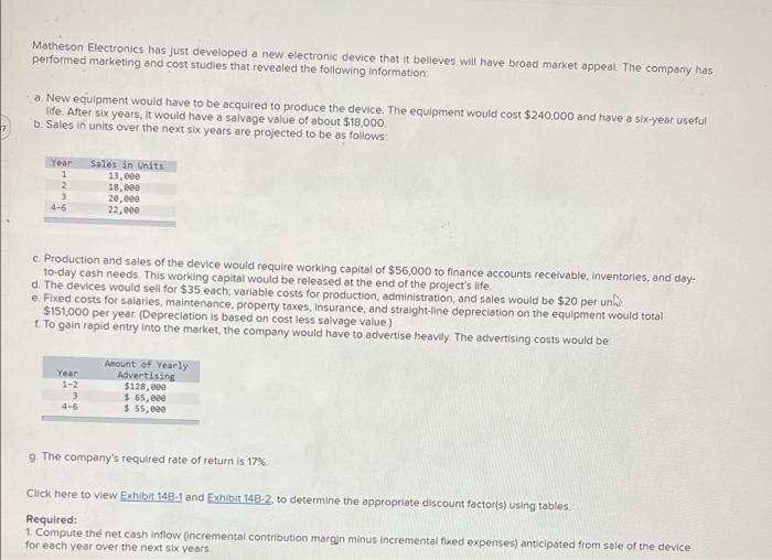  Matheson Electronics has just developed a new electronic device that it