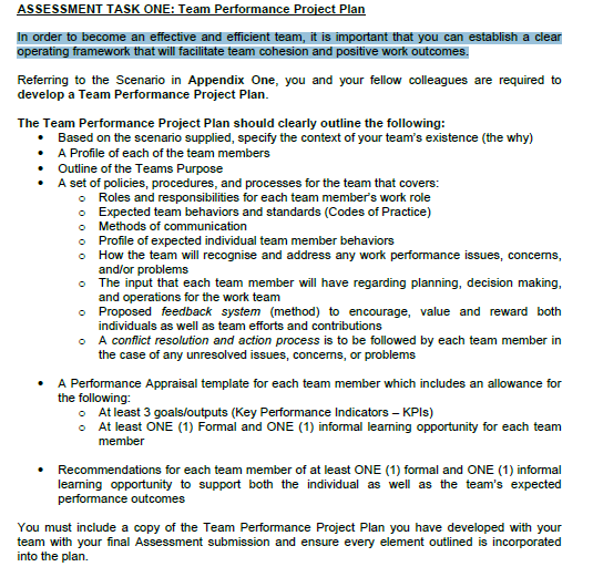  ASSESSMENT TASK ONE: Team Performance Project Plan In order to become