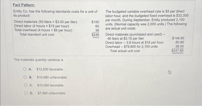  a Fact Pattern: Entity Co. has the following standards costs for