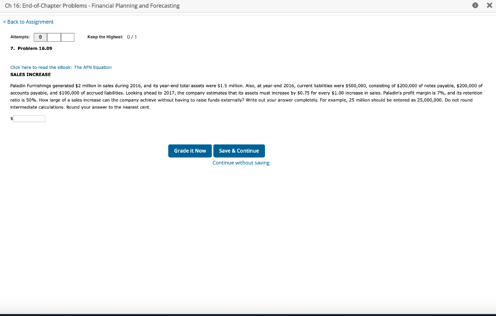 Ch 16: End-of-chapter Problems Back to Assignment Atwnpts - Financial Planning and