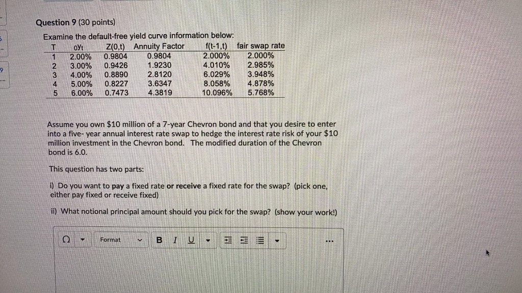  Question 9 (30 points) Examine the default-free yield curve information below: