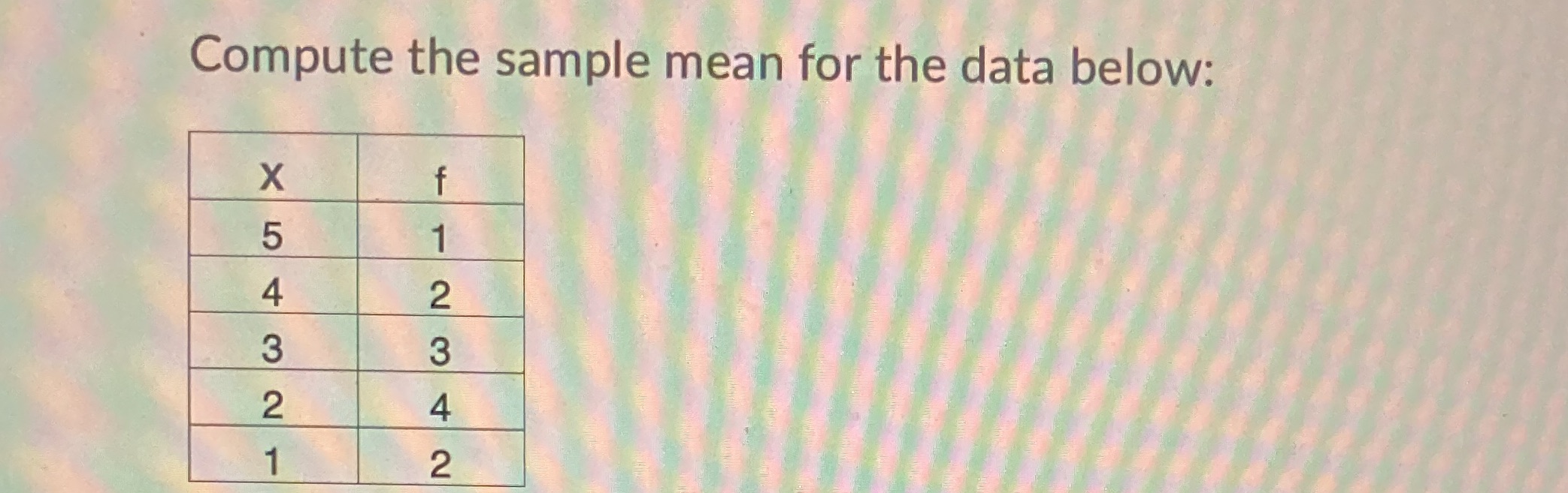 Compute the sample mean for the data below: