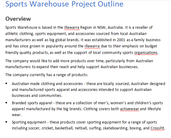  Sports Warehouse Project Outline Overview Sports Warehouse is based in the