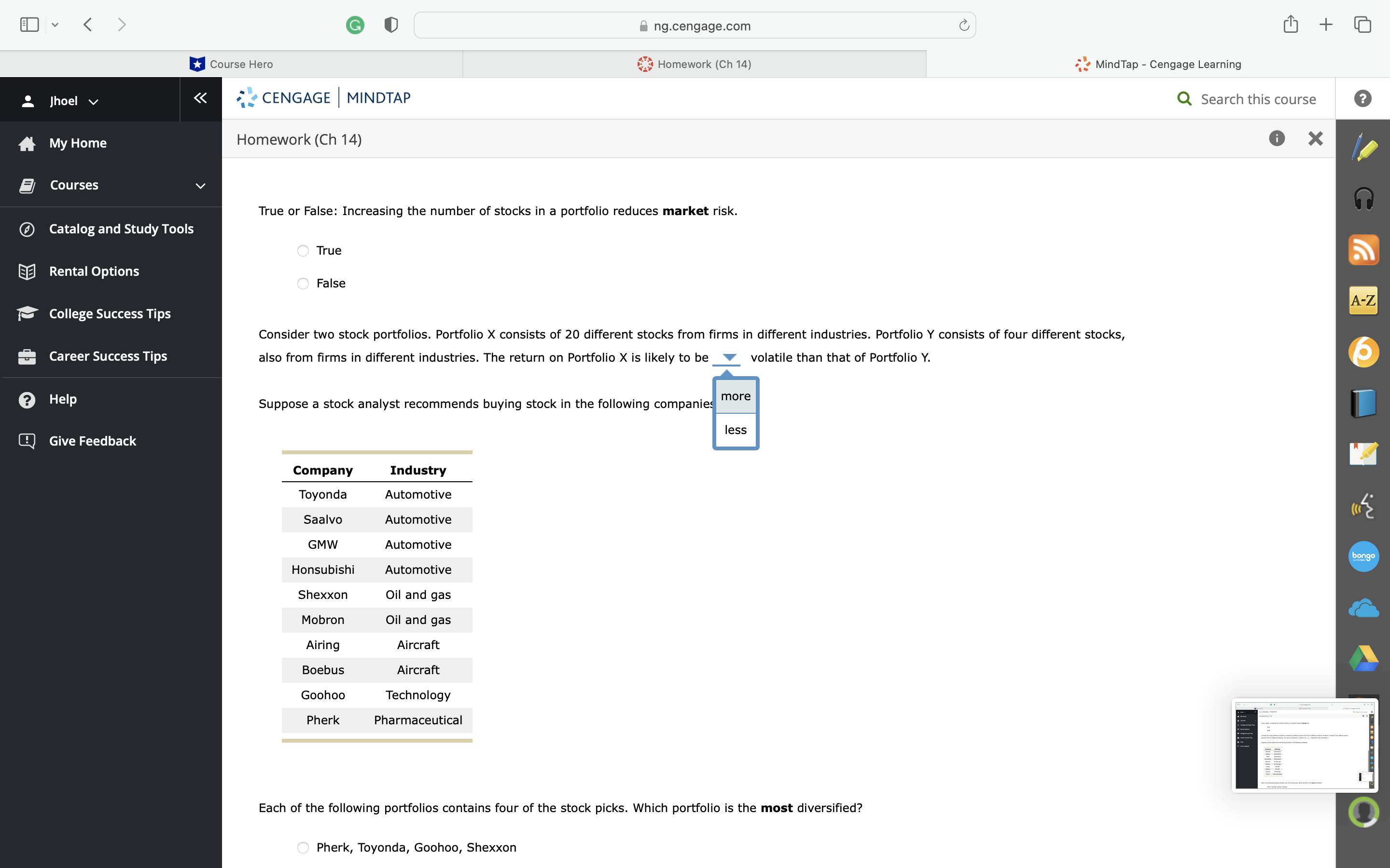 Hero Homework (Ch 14) Mind Tap - Cengage Learning & Jhoel v