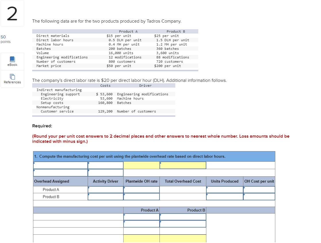 2. The following data are for the two products produced by