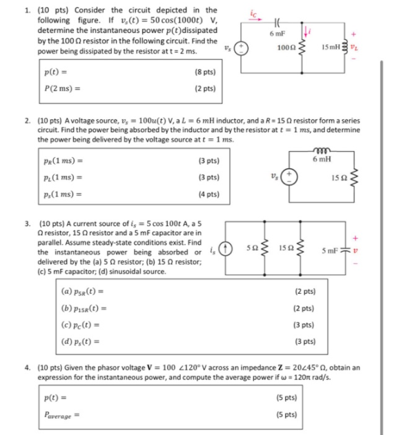 ,, kindly solve 1. (10 pts) Consider the circuit depicted in the