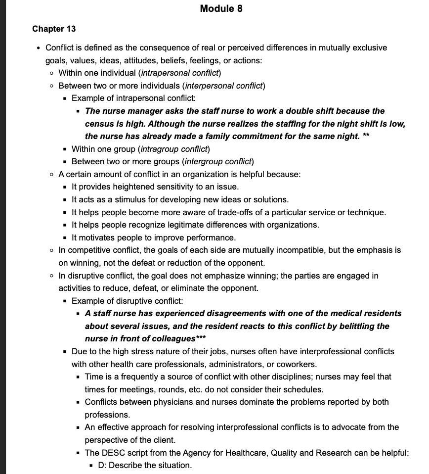  Module 8 Chapter 13 . Conflict is defined as the consequence