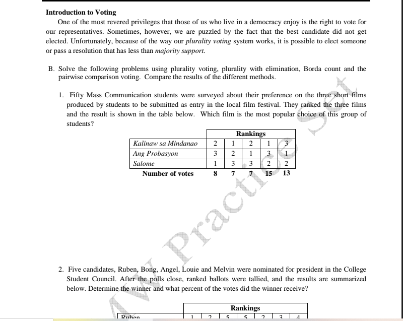B. Solve the following problem using plurality voting with elimination. Introduction to