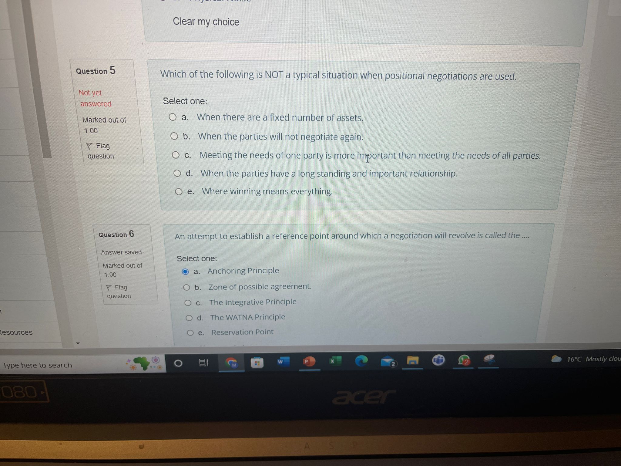 the first offer. question O c. Identifying the BATNA. O d. Reducing