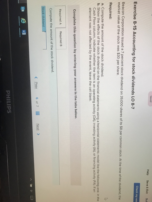  Saved Help Save & Exit Sub Exercise 8-15 Accounting for stock