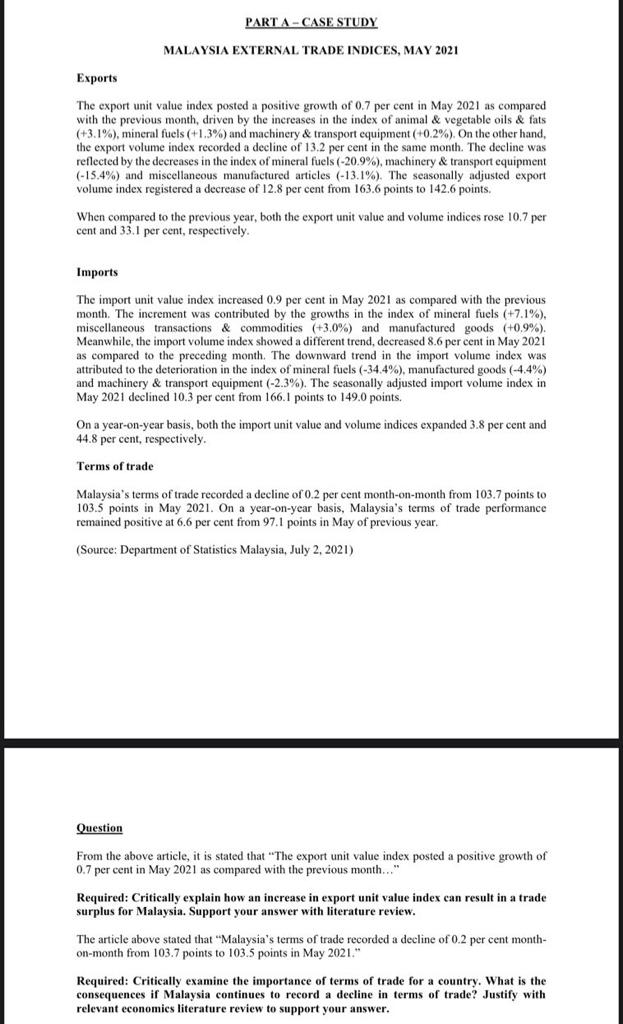 PART A - CASE STUDY MALAYSIA EXTERNAL TRADE INDICES, MAY 2021
