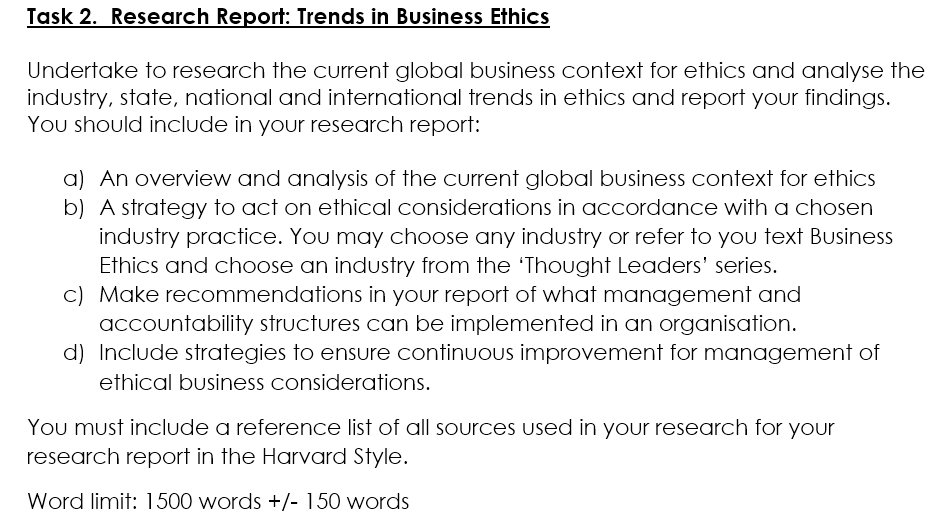  Task 2. Research Report: Trends in Business EIhics Undertake to research