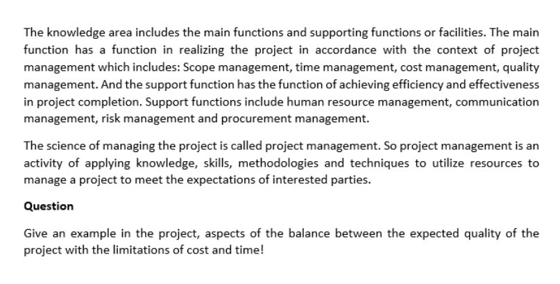  The knowledge area includes the main functions and supporting functions or