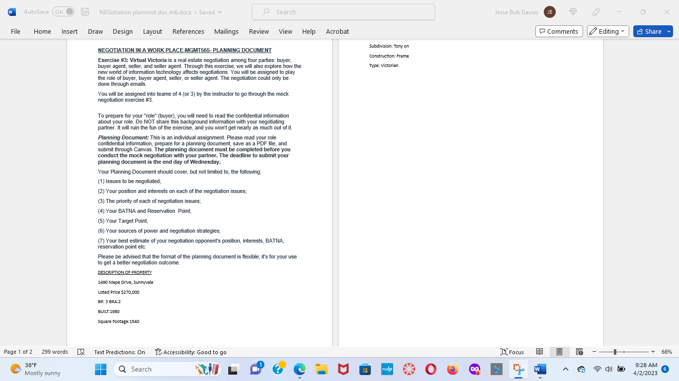 W AutoSave (On ) NEGotiation planning doc m6.docx . Saved v