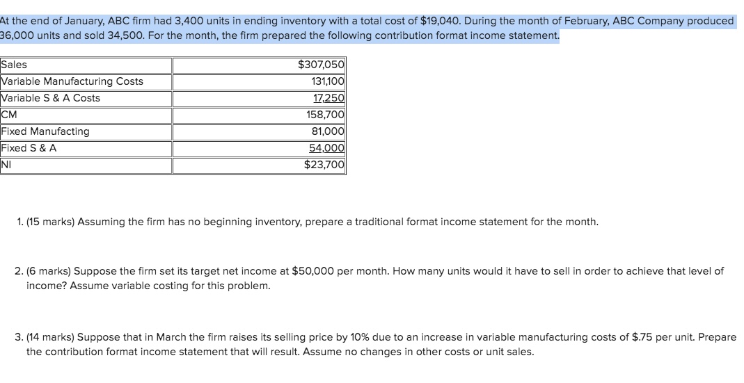  Sales $301050 'Variable Manufacturing lCosts 131,100l |Variable S & A Costs