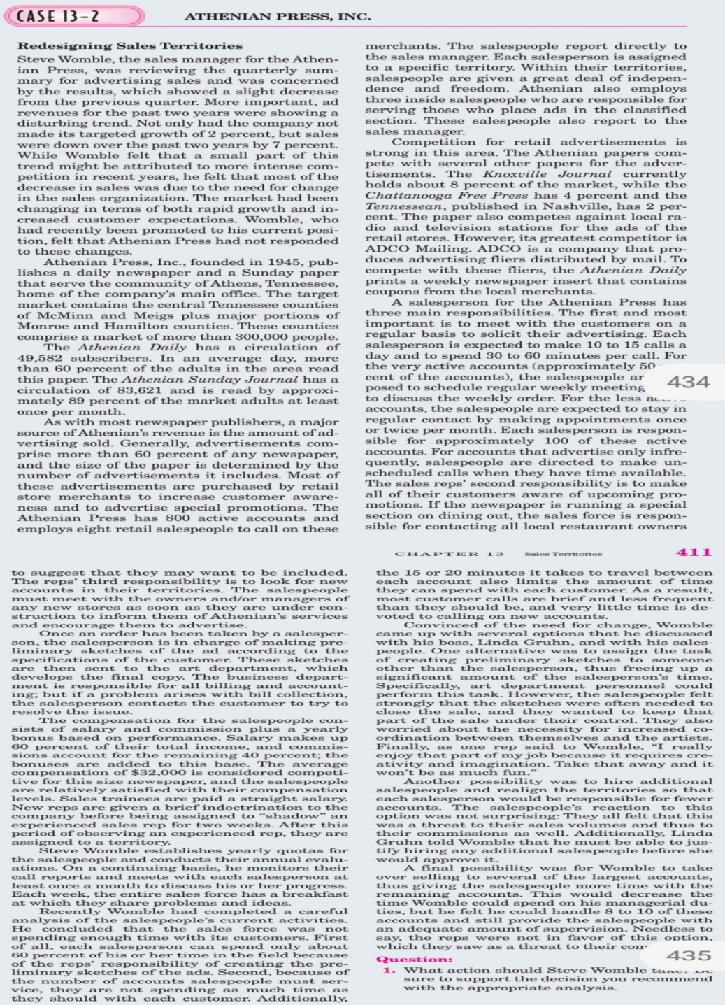 solve this case study CASE 13-2 ATHENIAN PRESS, INC. Redesigning Sales Territories