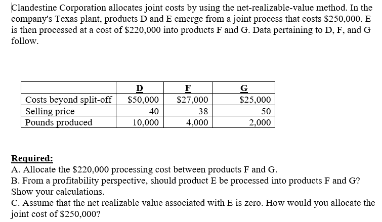 Hi. Please provide solution with good form and explanation. Clandestine Corporation allocates