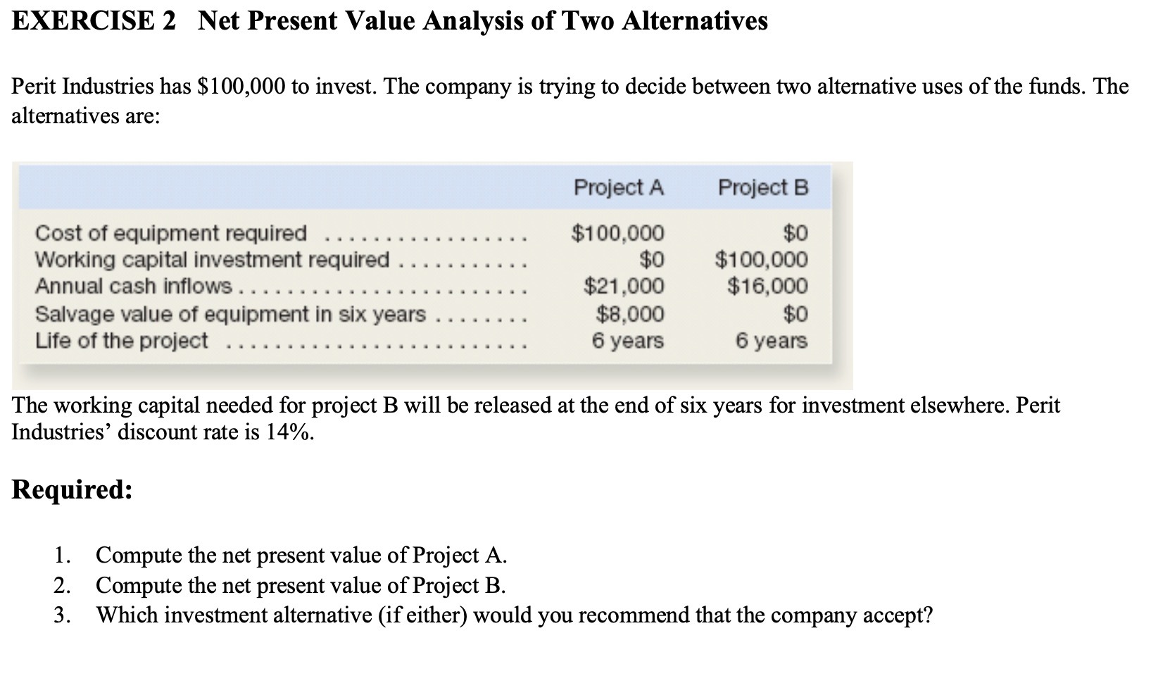 EXERCISE 2 Net Present Value Analysis of Two Alternatives Perit Industries