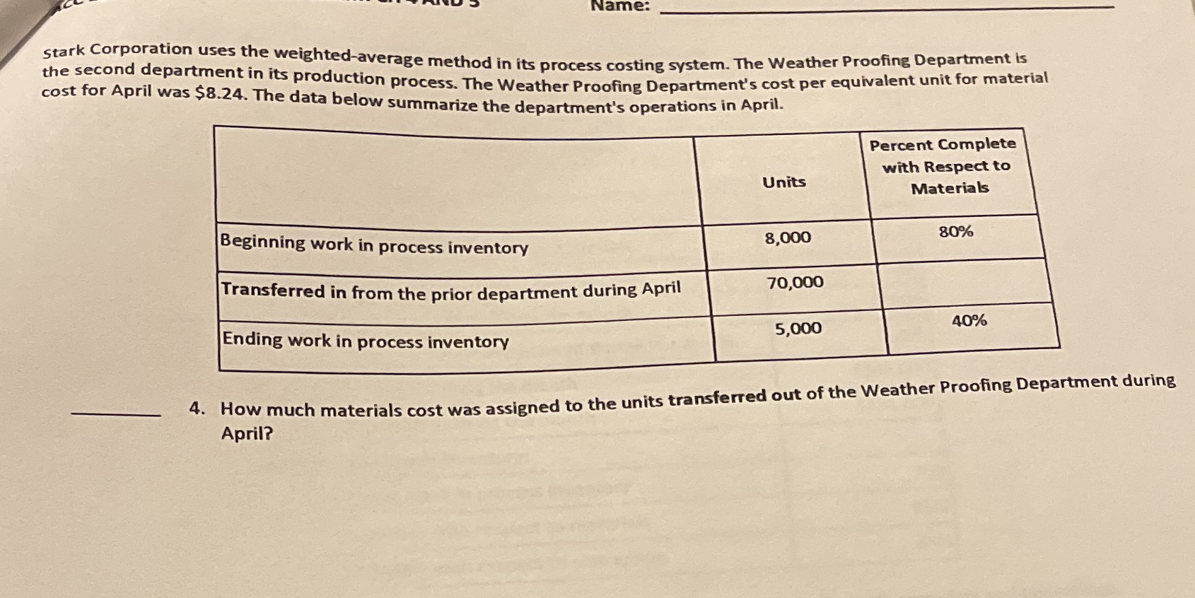 Name: Stark Corporation uses the weighted average method in its process