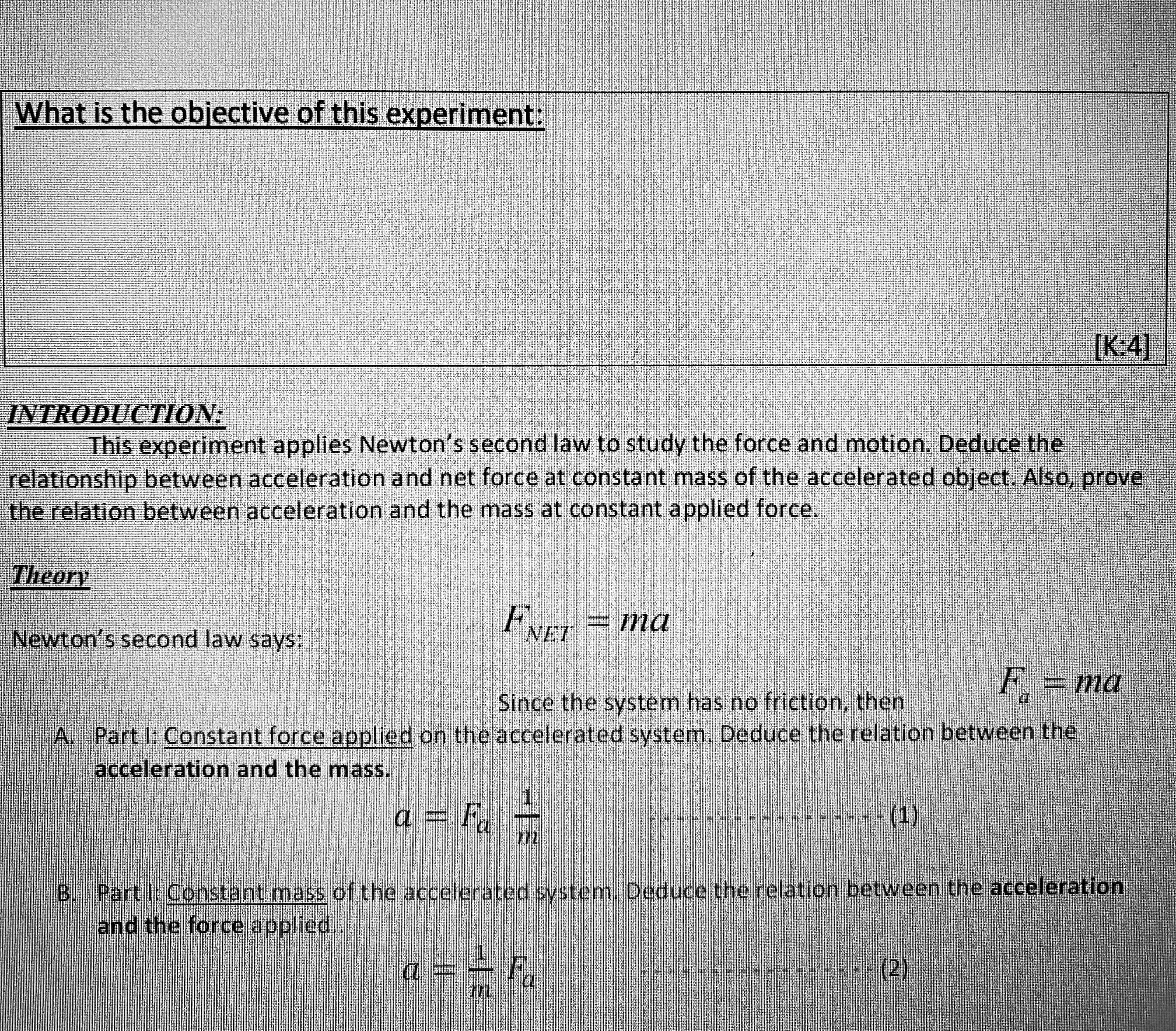 \fC. Use table2 to draw Force (X-axis) vs Acceleration (Y-axis) graph