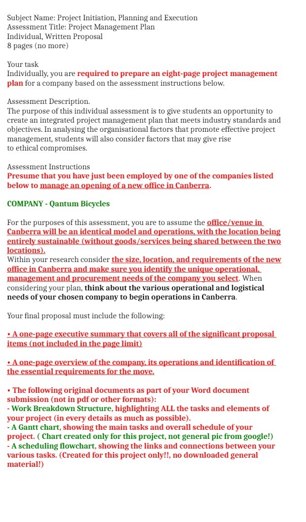  Subject Name: Project Initiation, Planning and Execution Assessment Title: Project Management