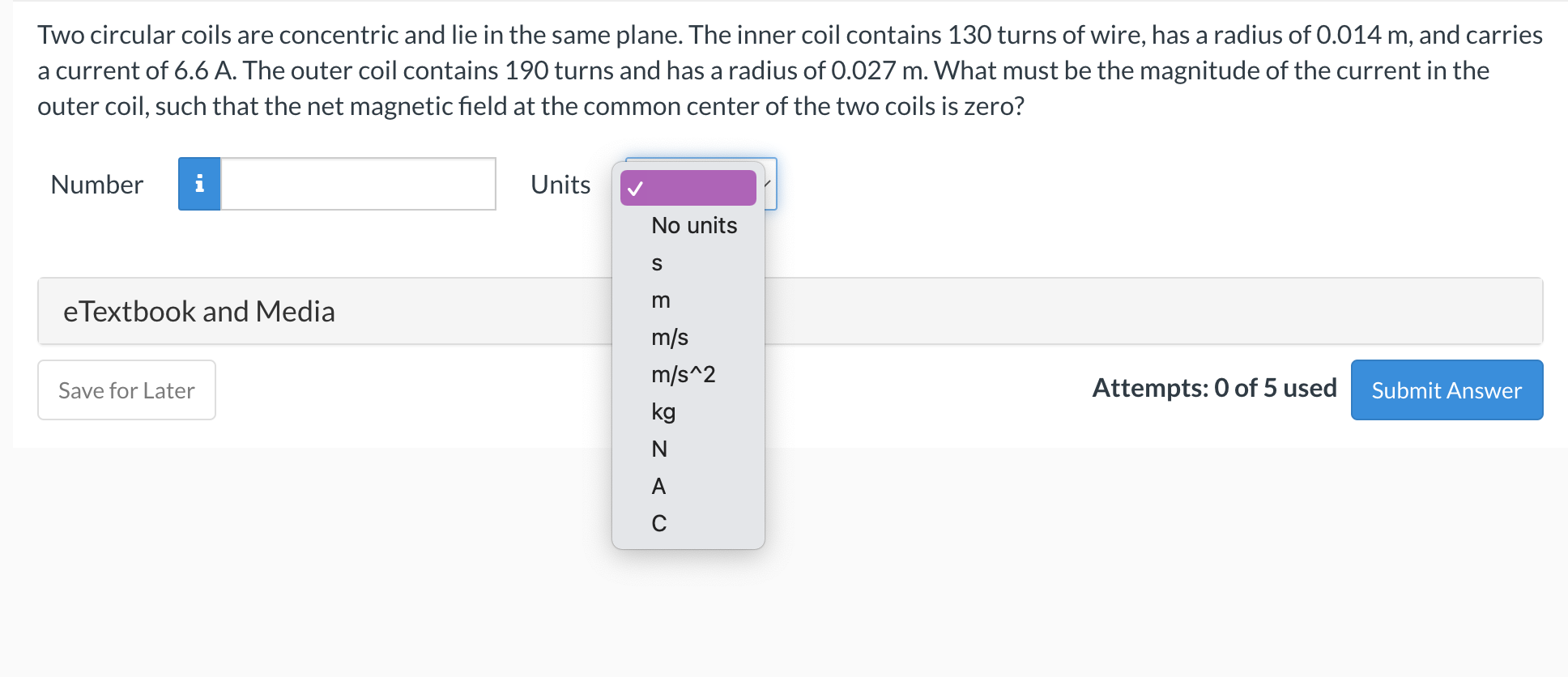 Two circular coils are concentric and lie in the same plane.