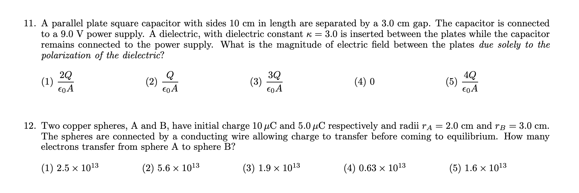  11. 12. A parallel plate square capacitor with sides 10 cm