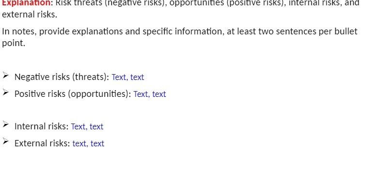  Explanation: Risk threats (negative risks), opportunities (positive risks), internal risks, and