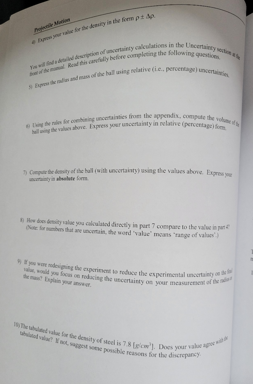 Part 2/3. Projectile Motion 4) Express your value for the density in
