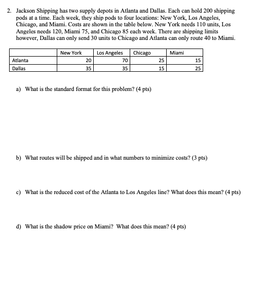 help please! 2. Jackson Shipping has two supply depots in Atlanta and