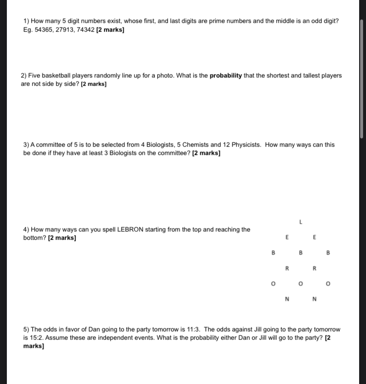 1) How many 5 digit numbers exist, whose first, and last