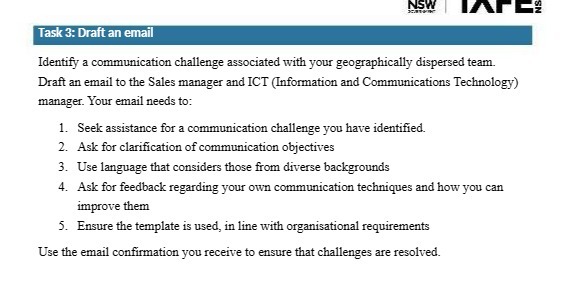 NSW Task 3: Draft an email Identify a communication challenge associated