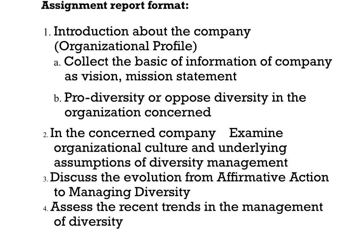  organized format.course name is diversity management Assignment report format: 1. Introduction