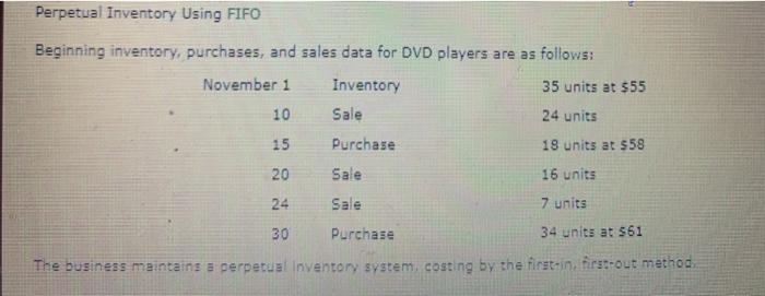  Perpetual Inventory Using FIFO Beginning inventory, purchases, and sales data for