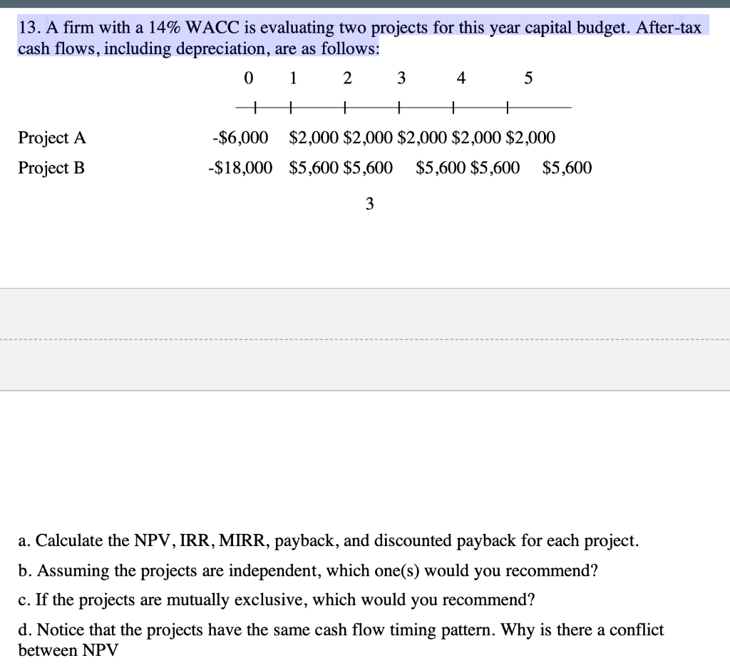13. A firm with a 14% WACC is evaluating two projects for