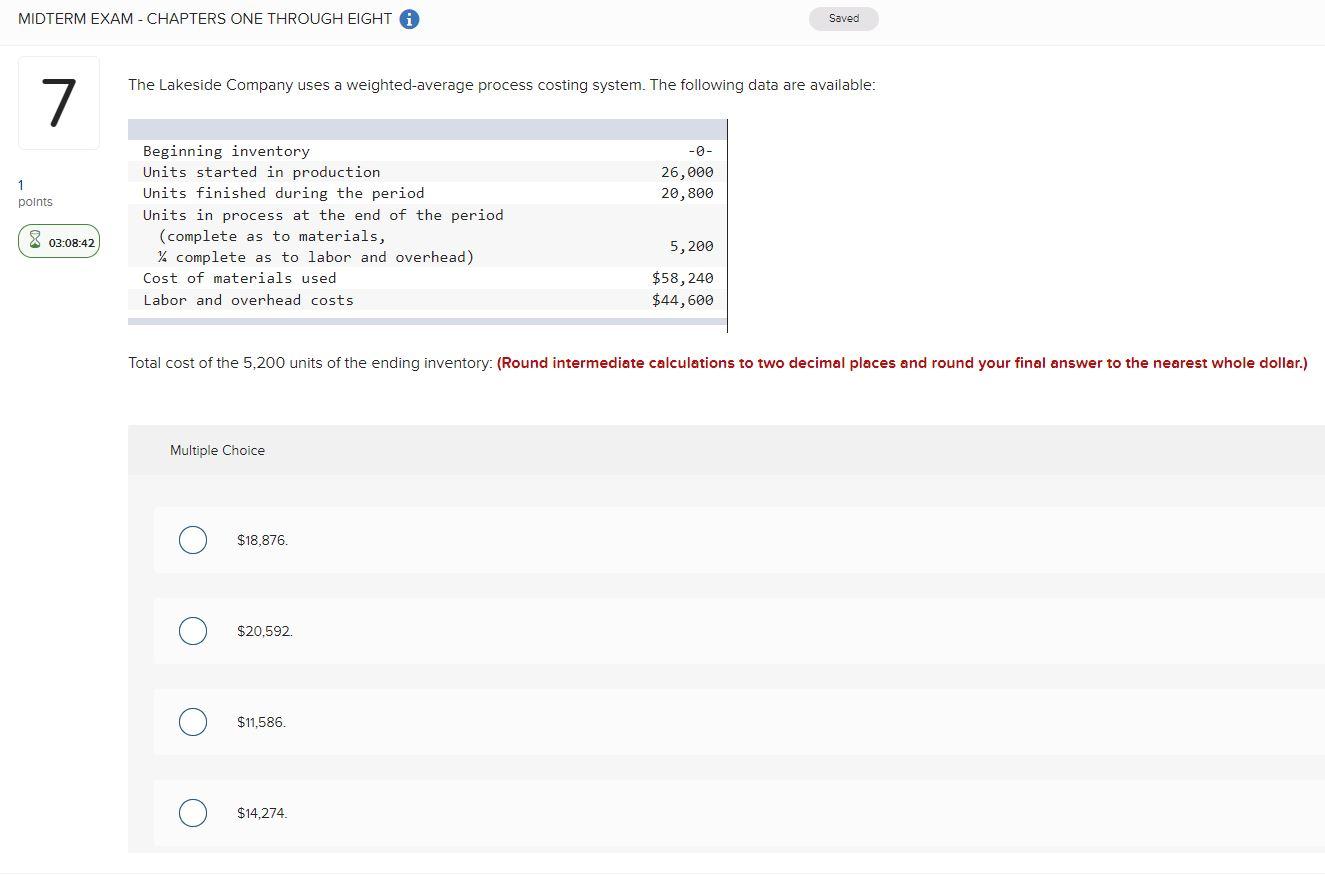 MIDTERM EXAM - CHAPTERS ONE THROUGH EIGHT Saved The Lakeside Company