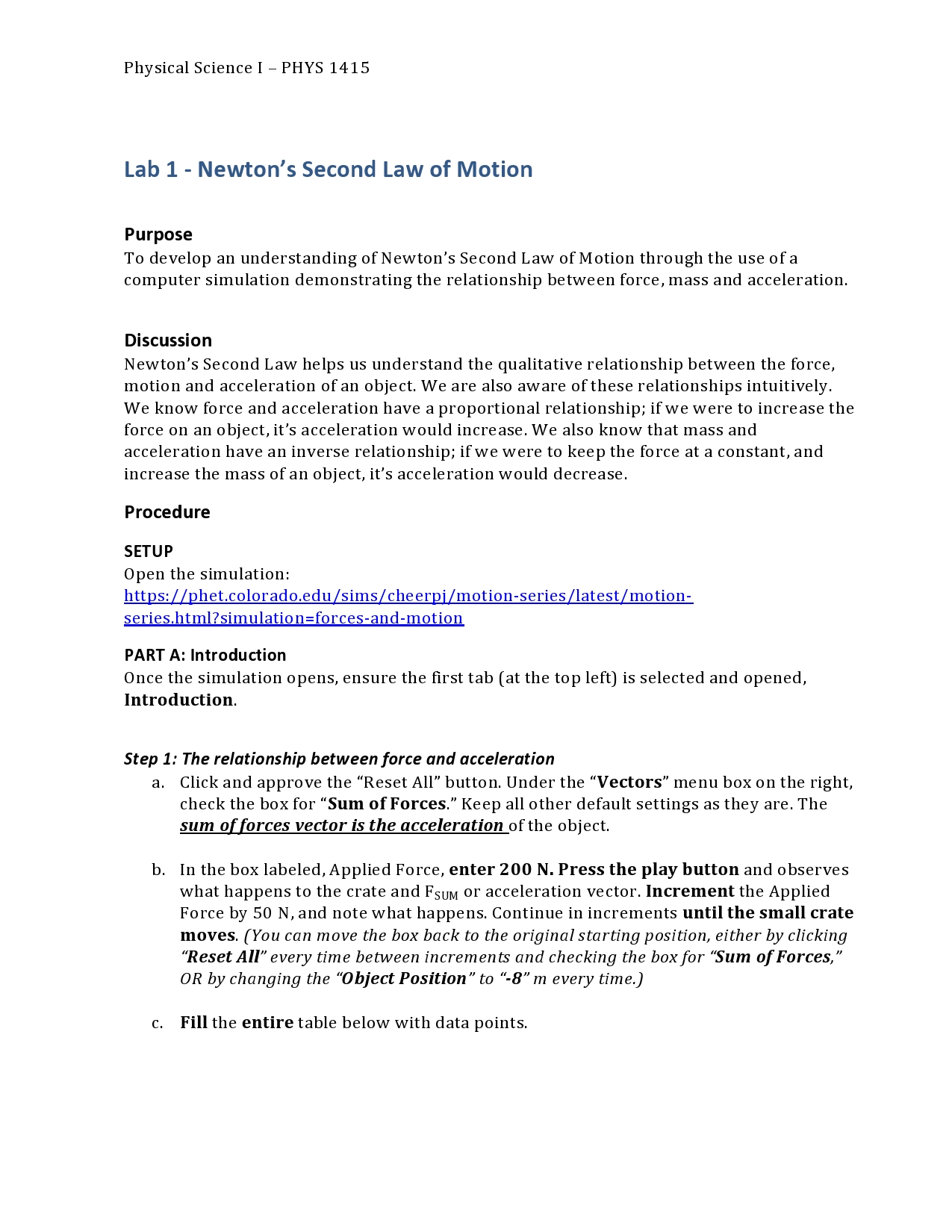  Physical Science I - PHYS 1415 Lab 1 - Newton's Second