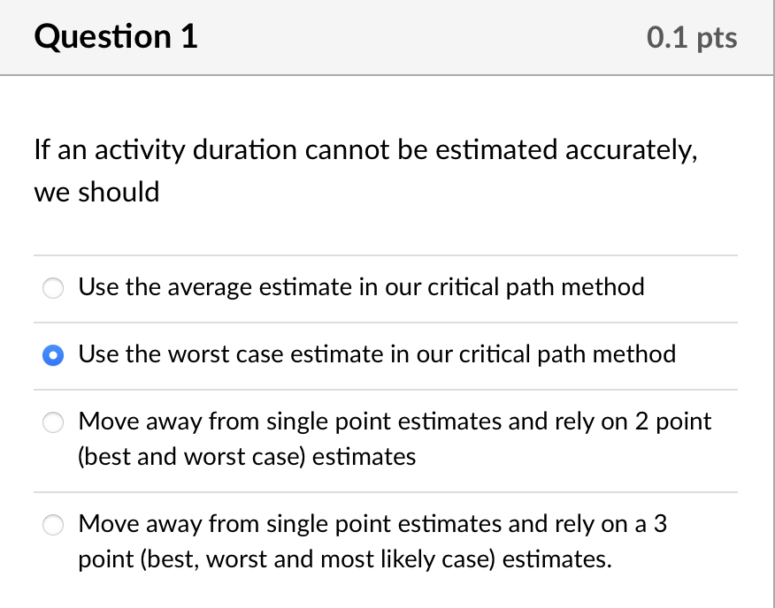  Question 1 0.1 pts If an activity duration cannot be estimated