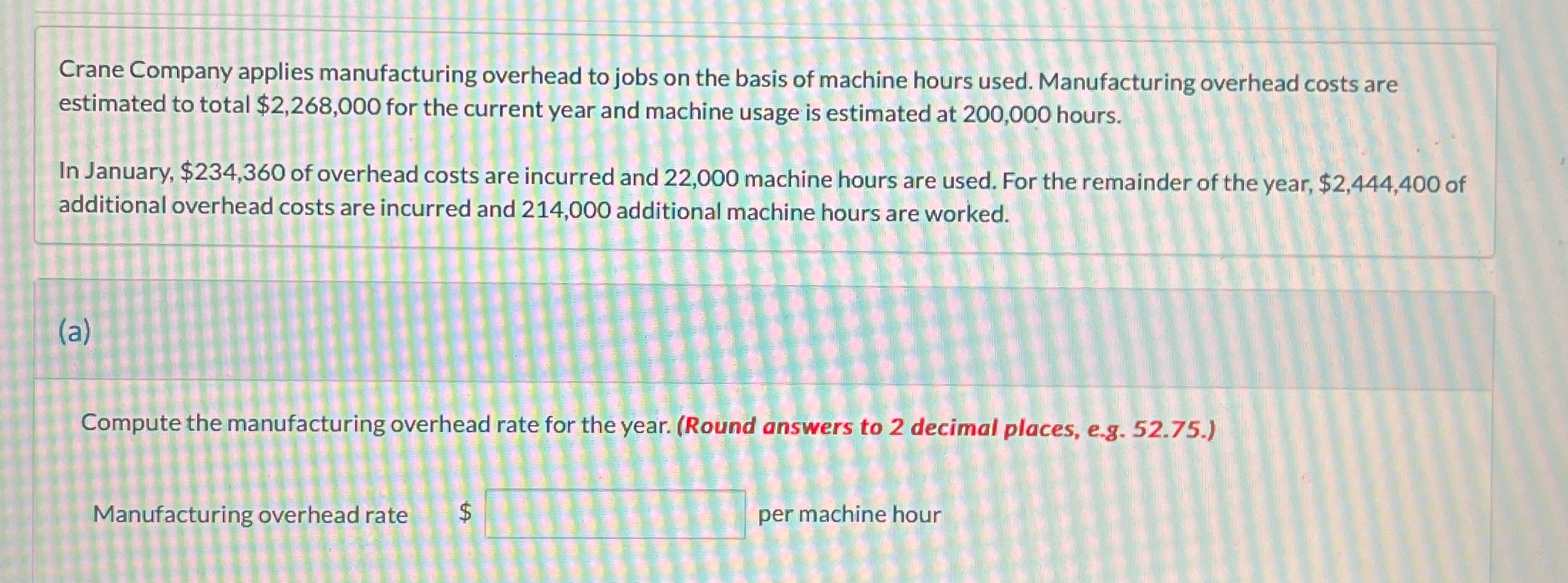 Please find the manufacturing overhead rate $ per machine hour Crane Company