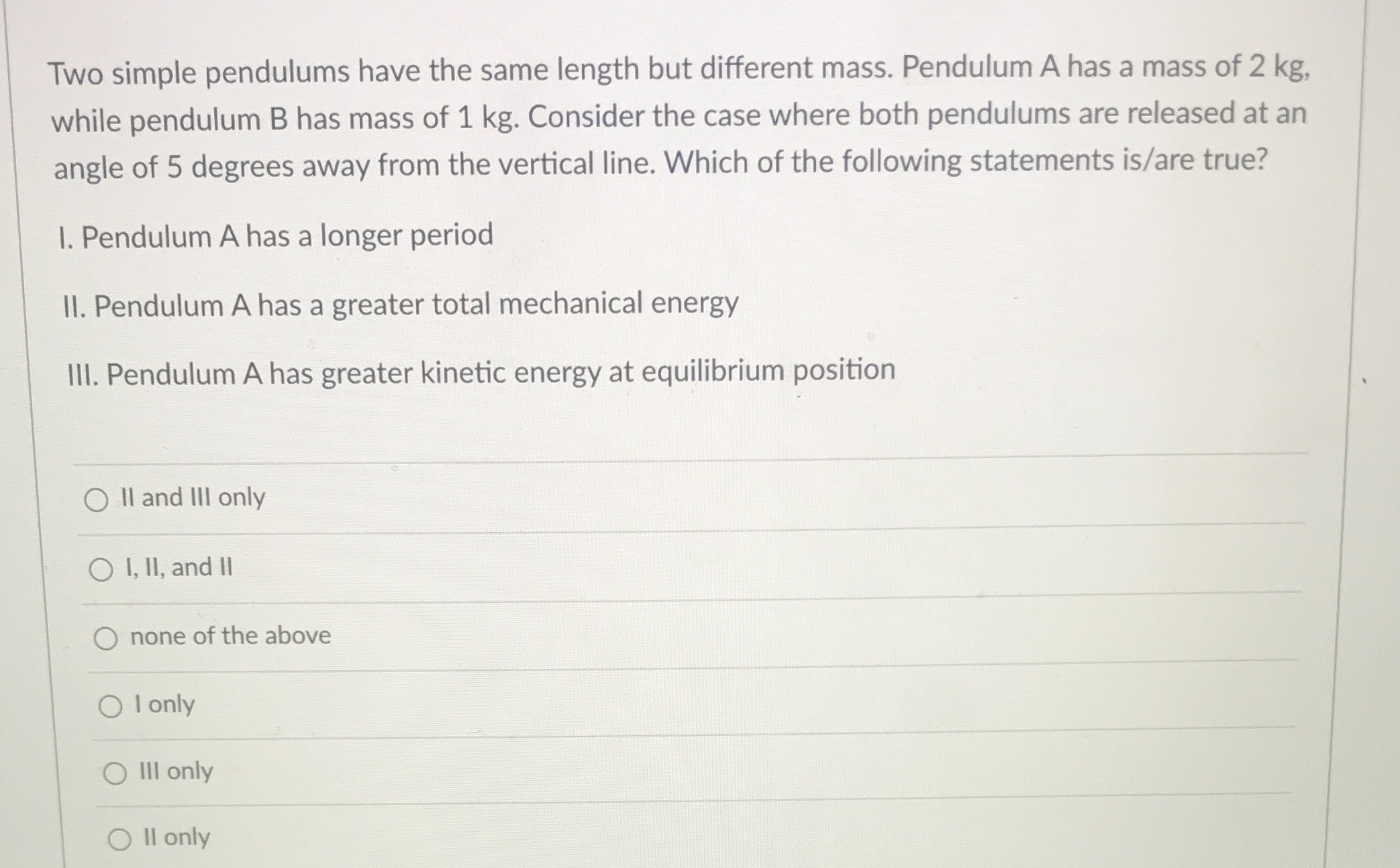 Two simple pendulums have the same length but different mass. Pendulum