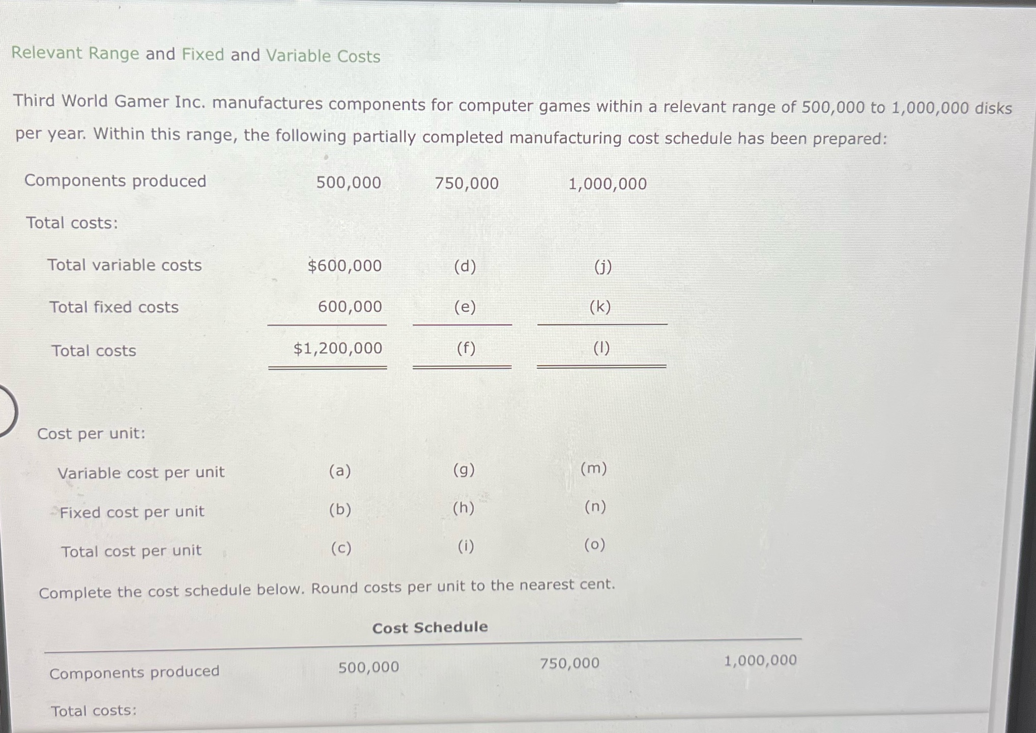 Answers Relevant Range and Fixed and Variable Costs Third World Gamer Inc.