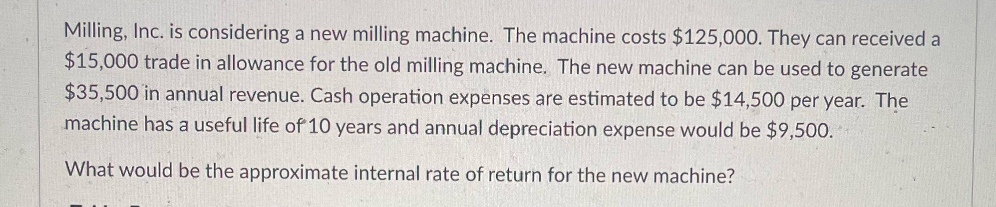  Milling, Inc. is considering a new milling machine. The machine costs