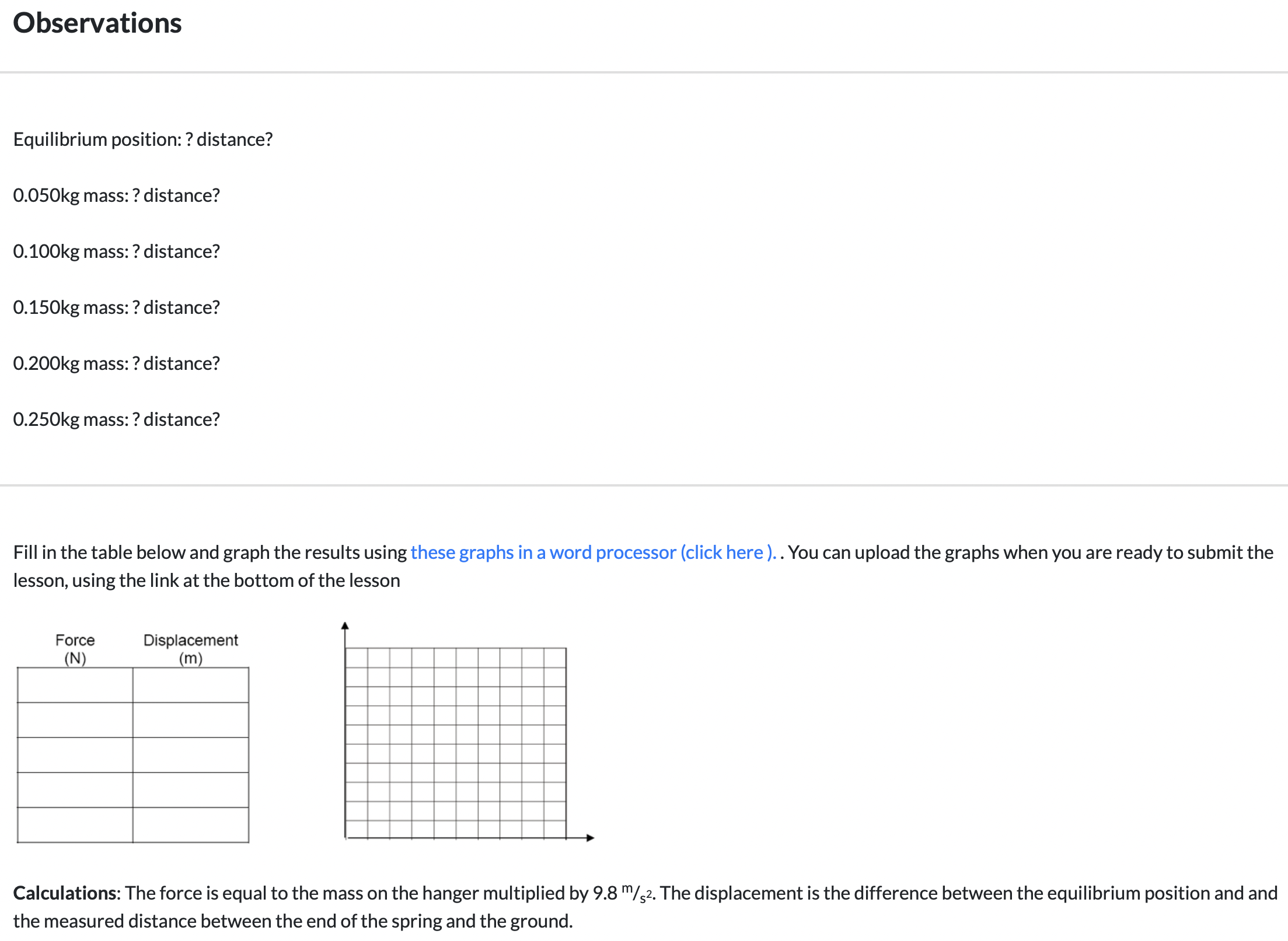 50g, 100g, and 200g weights Procedure 1. Attach the spring at least