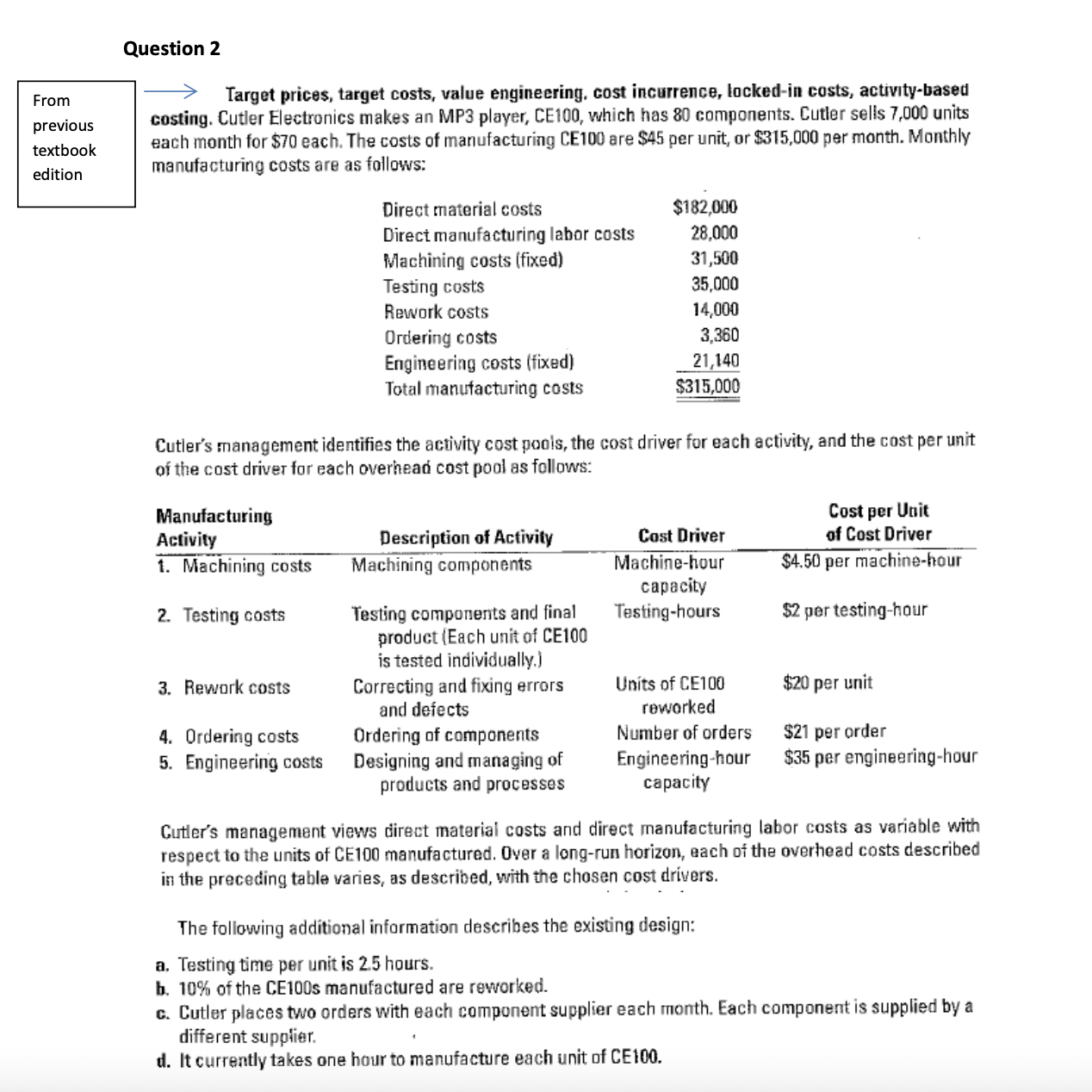 Question 2 From a Target prices, target costs. value engineering. cost