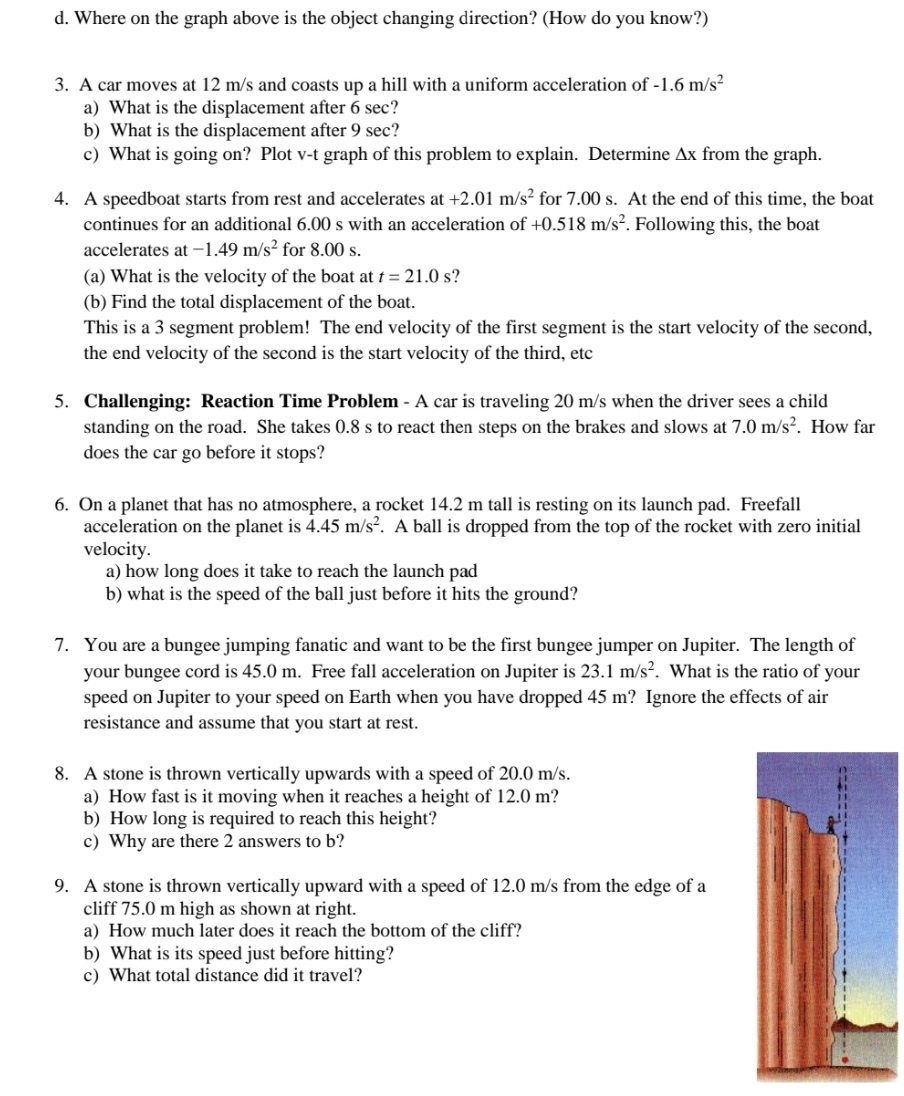 (1. Where on the graph above is the object changing direction?