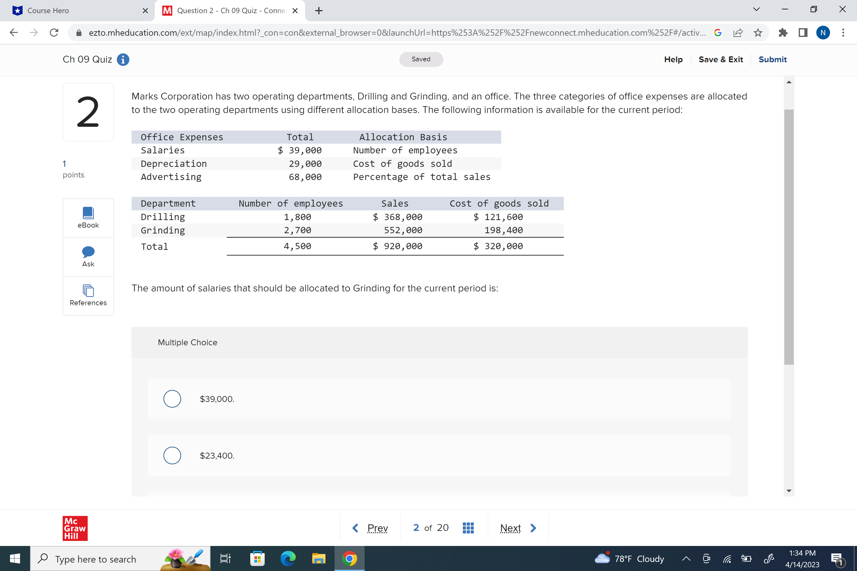 u Course Hero X m Question 2 . Ch 09 Quiz