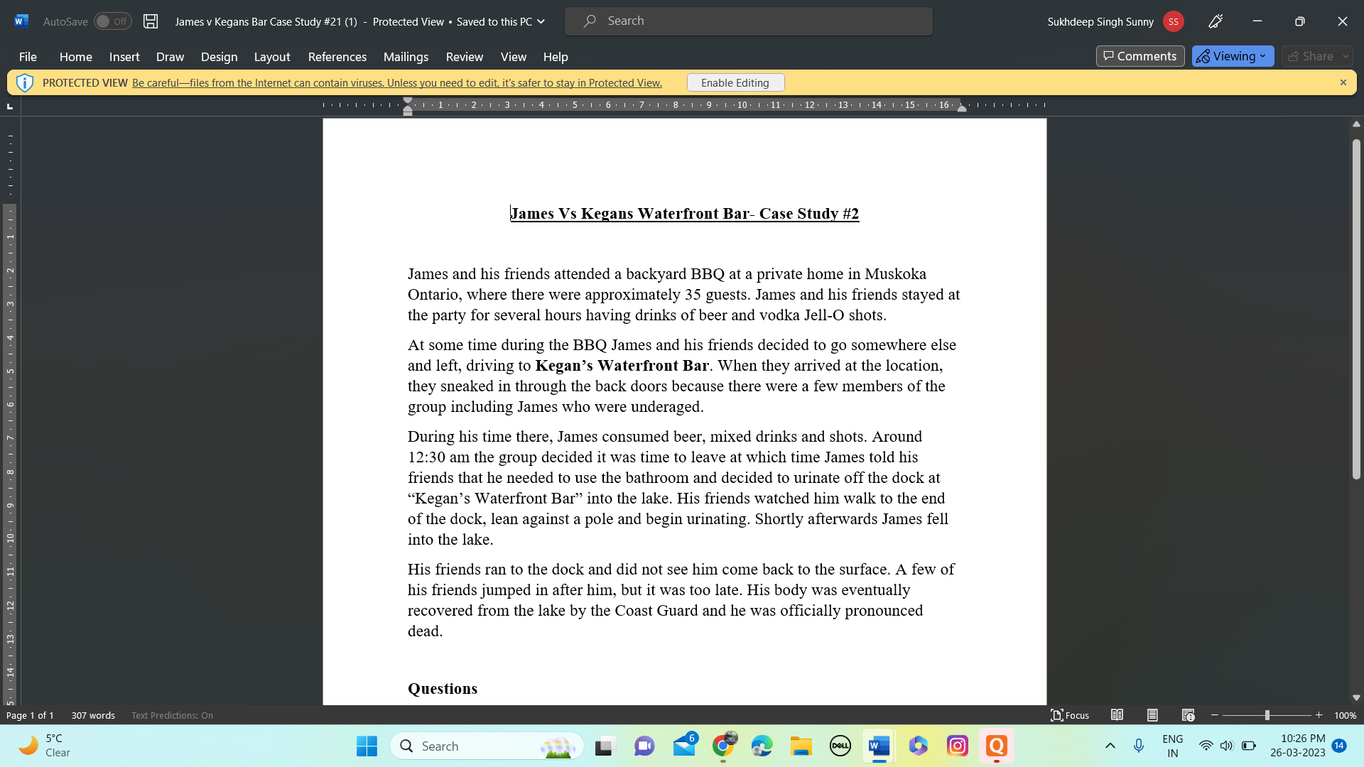 AFTER READING THIS CASE STUDY PLEASE ANSWER FOLLOWING QUESTION. w AutoSave Off