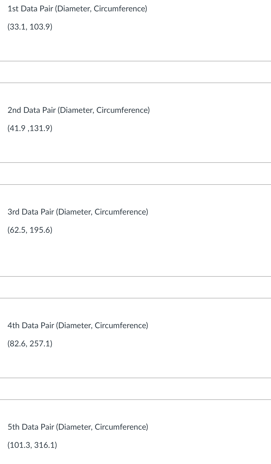 sets. Five data sets will be provided. The diameters of various cylinders