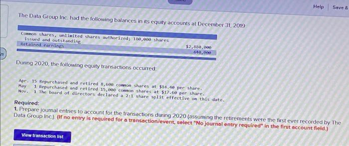  Help Save & The Data Group Inc. had the following balances