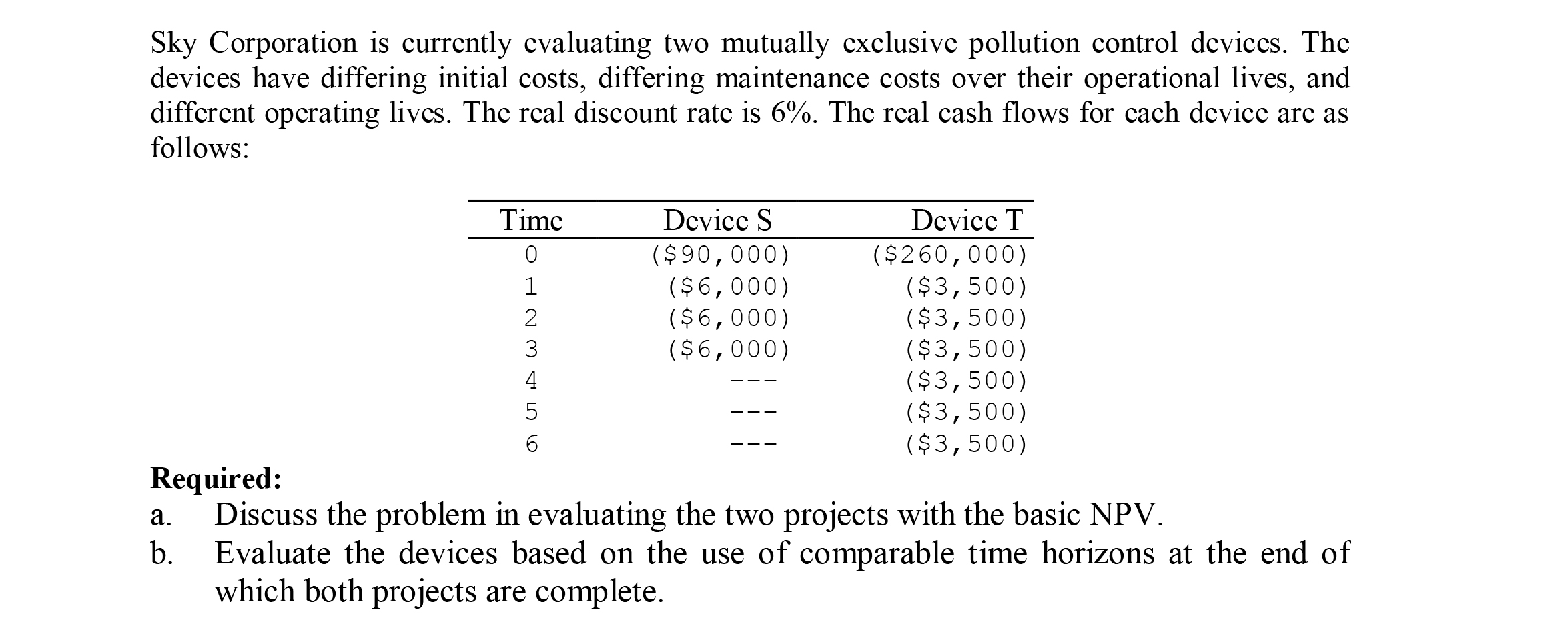  Sky Corporation is currently evaluating two mutually exclusive pollution control devices.